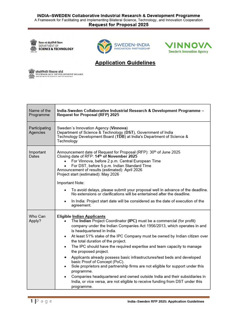 India-Sweden RFP 2025 Guidelines | PDF | Prototype | Innovation