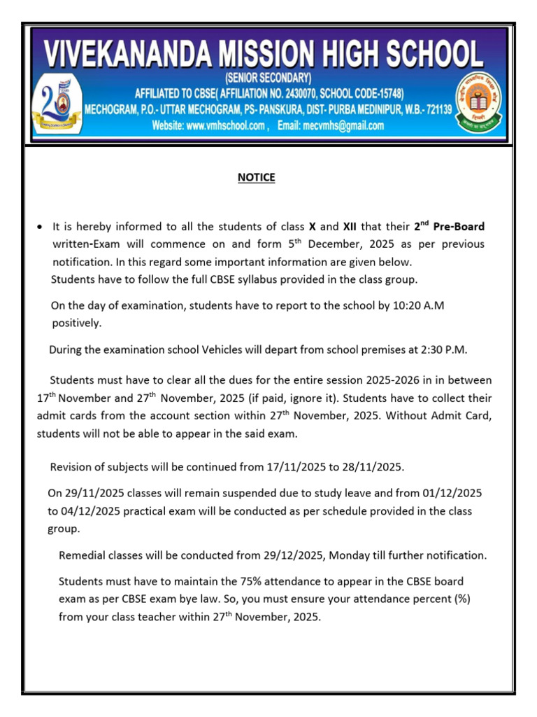 Class X & XII 2nd Pre-Board Exam Notice | PDF | Schools | Student ...