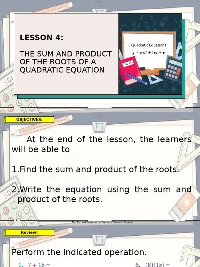 Lesson 4 - The Sum and Product of The Roots of A Quadratic Equation | PDF
