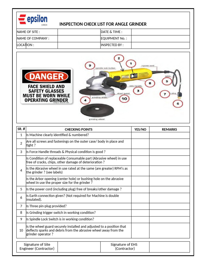 Angle Grinder Inspection Checklist | PDF