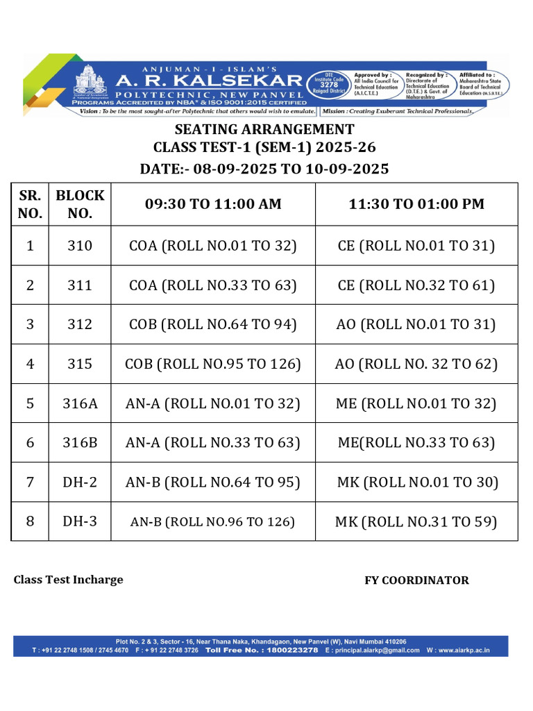 Class Test Seating Arrangement 2025 | PDF