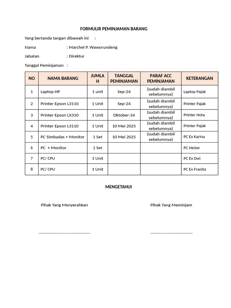 Formulir Peminjaman Barang Perusahaan | PDF