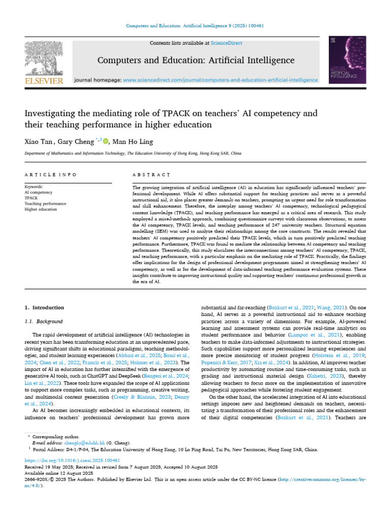 Investigating the Mediating Role of TPACK on Teachers’ AI Competency ...