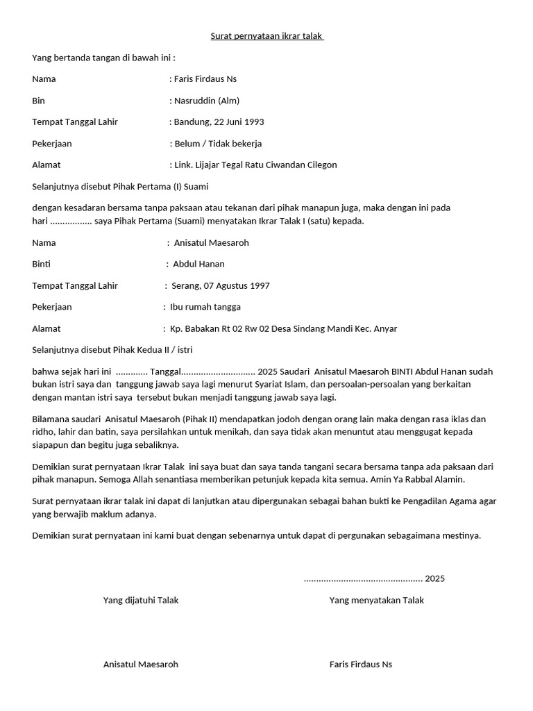 Ikrar Talak Faris dan Anisatul 2025 | PDF