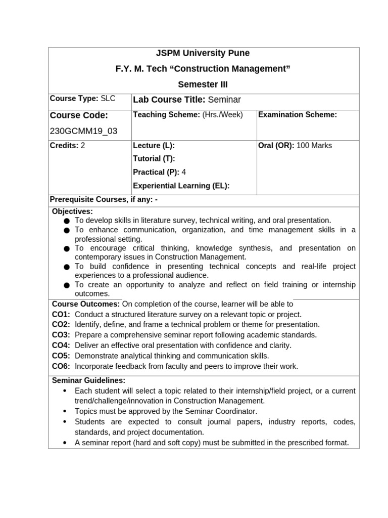 Syllabus - Seminar MTech Sem III | PDF | Methodology | Public Speaking