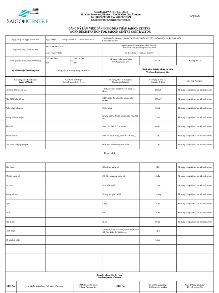 Annex S - Work Registation For Saigon Centre Contractor Form | PDF