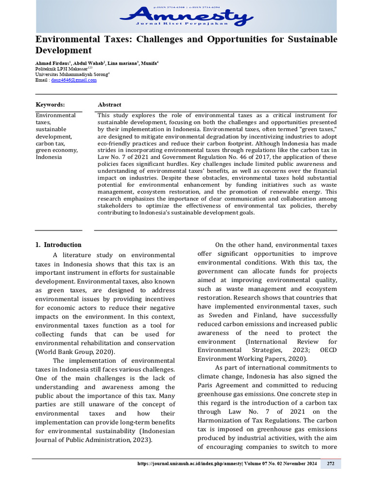 Environmental Taxes: Challenges and Opportunities For Sustainable ...