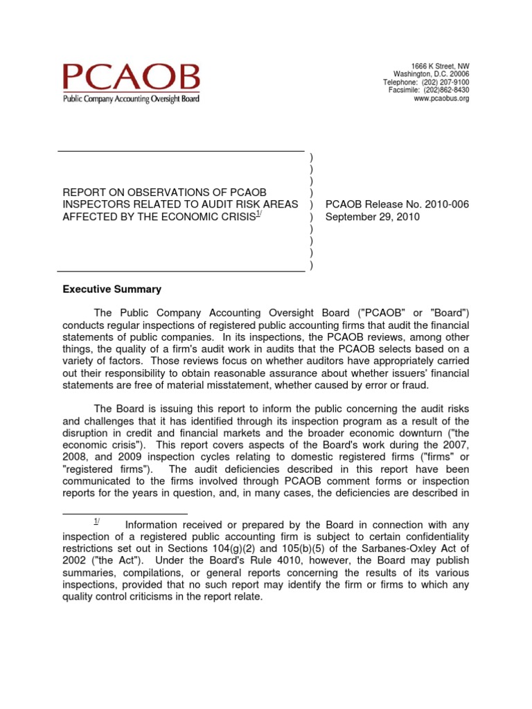PCAOB Audit Risk Report 2010 | PDF | Fair Value | Audit