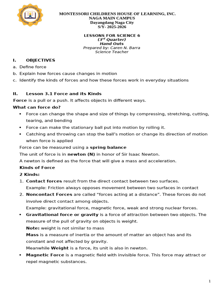 Lesson Plan Hand Outs Grade 6 Science (3rd Quarter) | PDF | Force ...