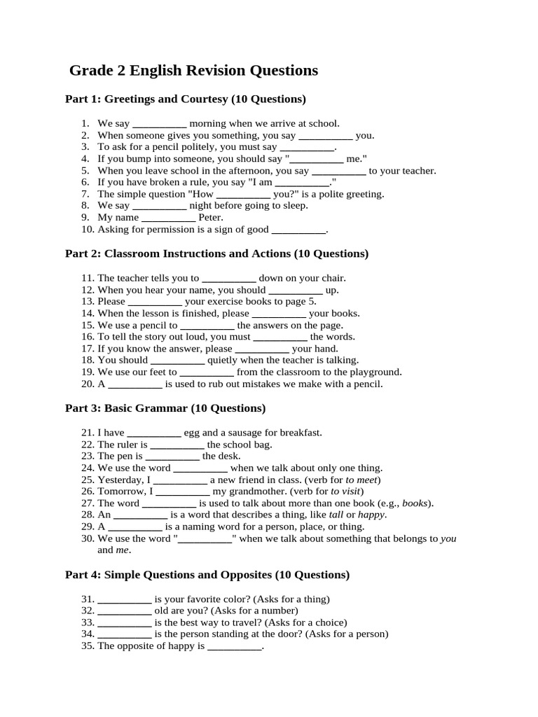 Grade 2 English Revision Questions | PDF | Verb | Language Mechanics