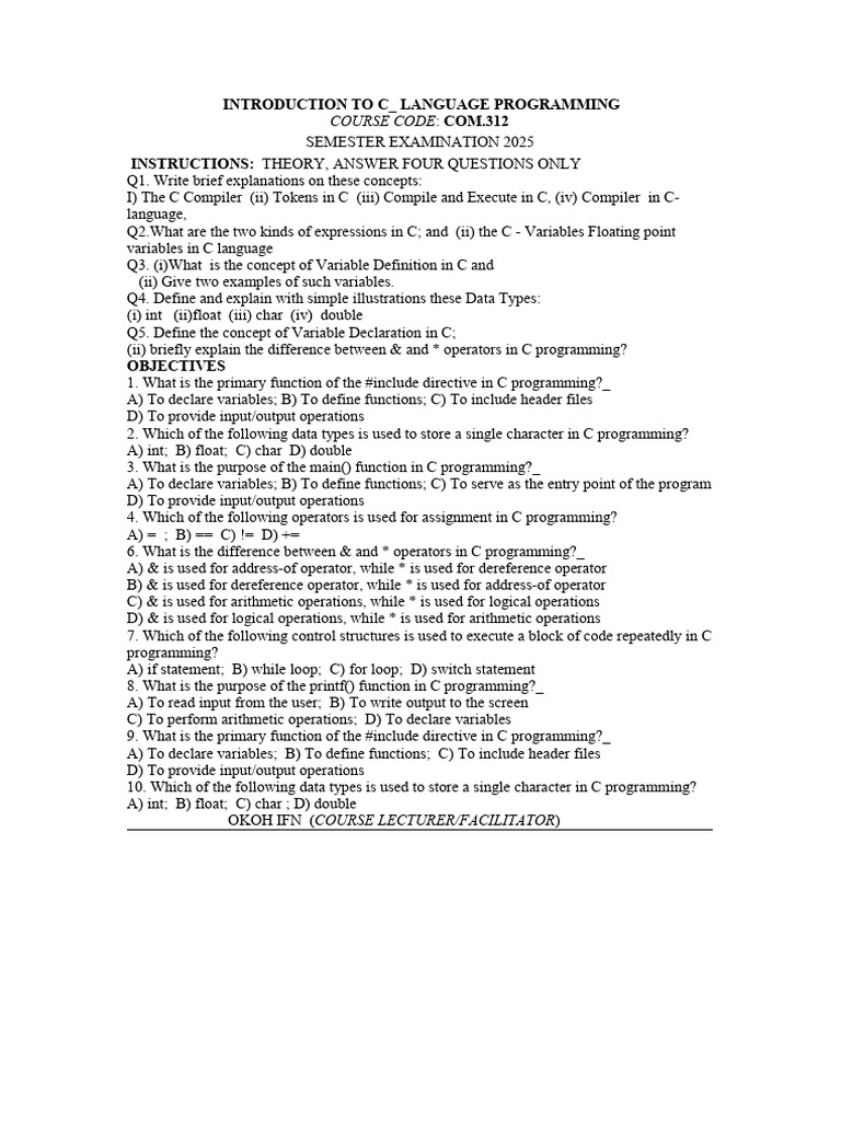 C Language Programming Exam Guide | PDF | Pointer (Computer Programming ...