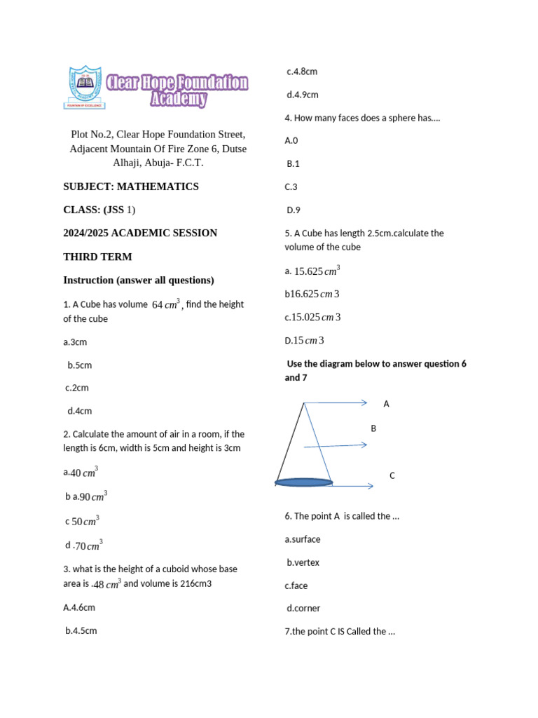 Tochi Math Jss 1 | PDF | Area | Mean