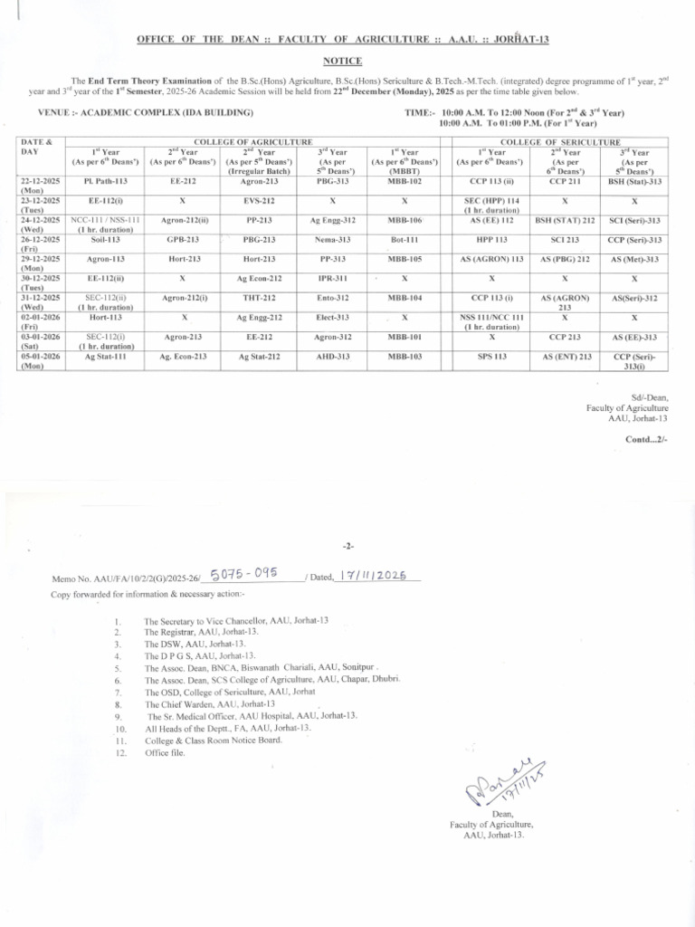 Time Table For UG End Term (Theory) Examination, 1st Sem, 2025-26 | PDF