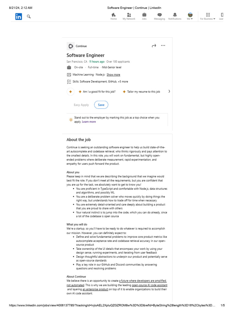 Software Engineer Job at Continue | PDF | Linked In | Résumé