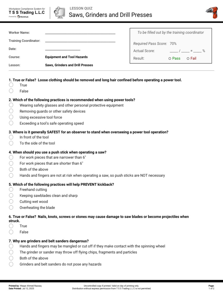 Power Tool Safety Quiz: Saws & Grinders | PDF | Drill | Grinding ...