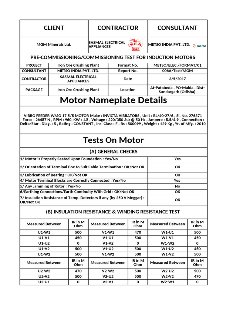 Induction Motor Pre-Commissioning Test Report | PDF | Electricity ...