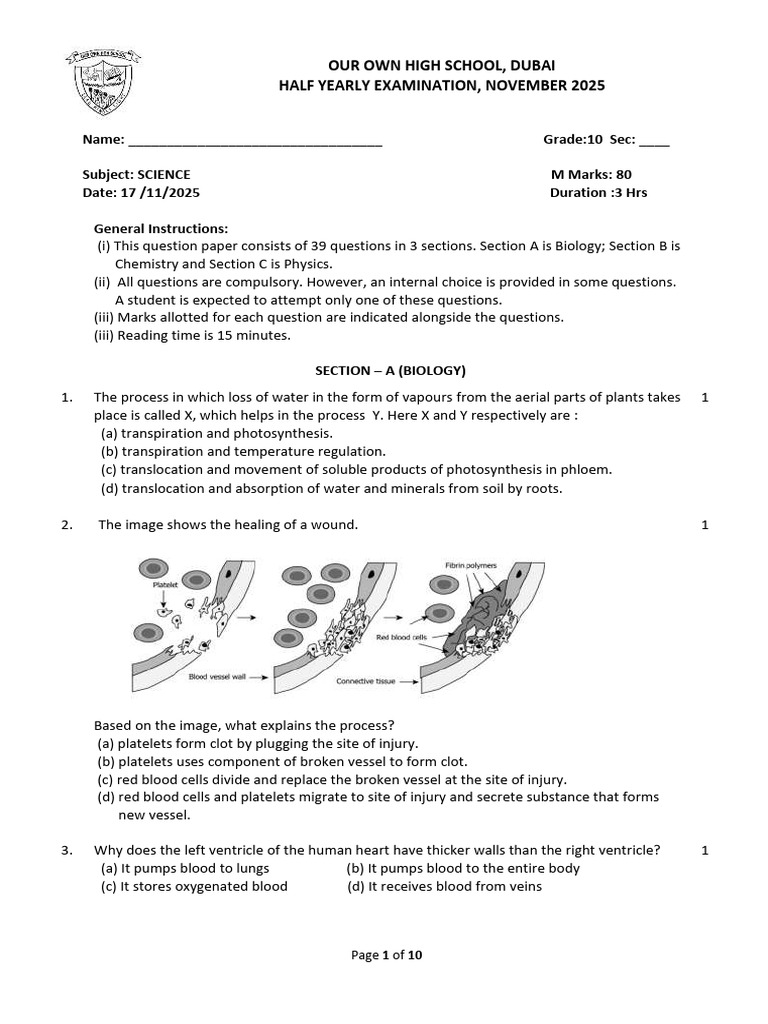 Science Half-Yearly Exam Grade 10 | PDF | Digestion | Acid
