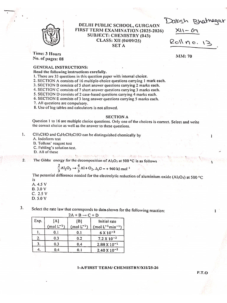 Class Xii Term 1 Chemistry Set A | PDF