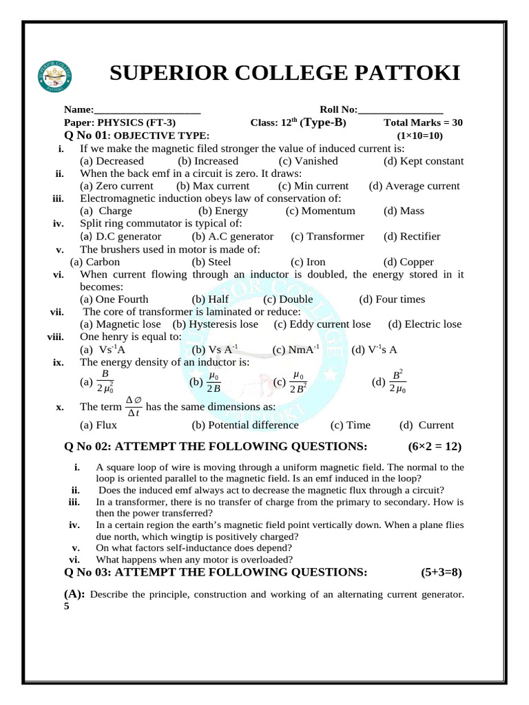 Physics Exam Paper for 12th Grade | PDF | Electromagnetic Induction ...