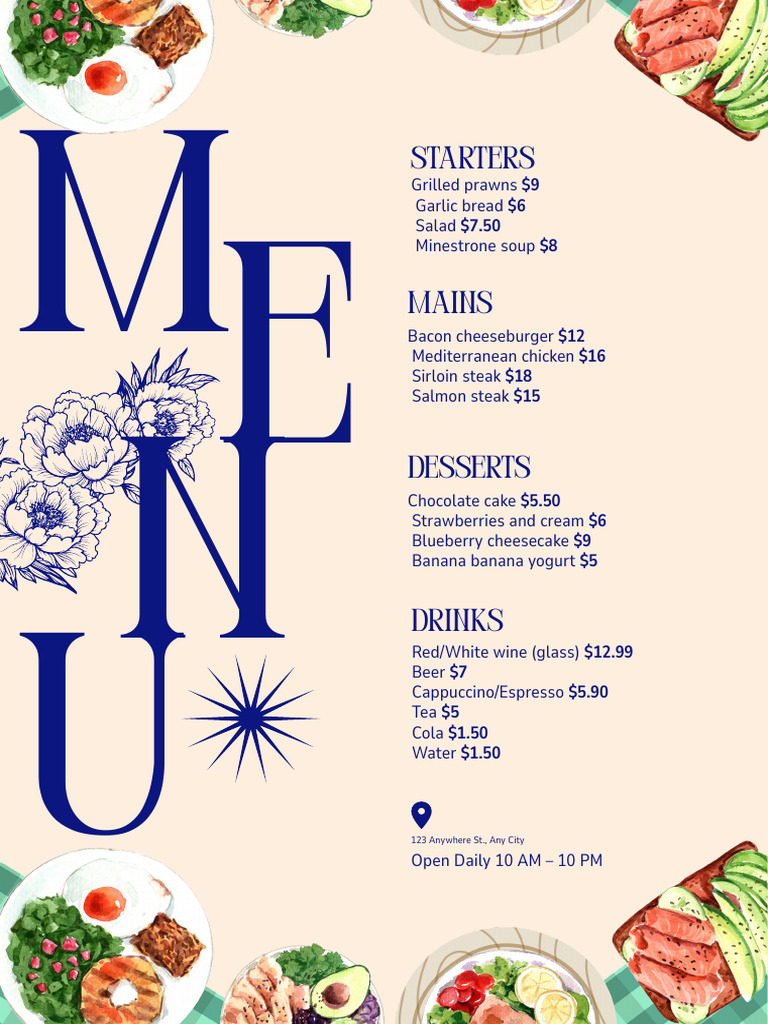 Blue and Beige Typographic Restaurant Menu A4 | PDF