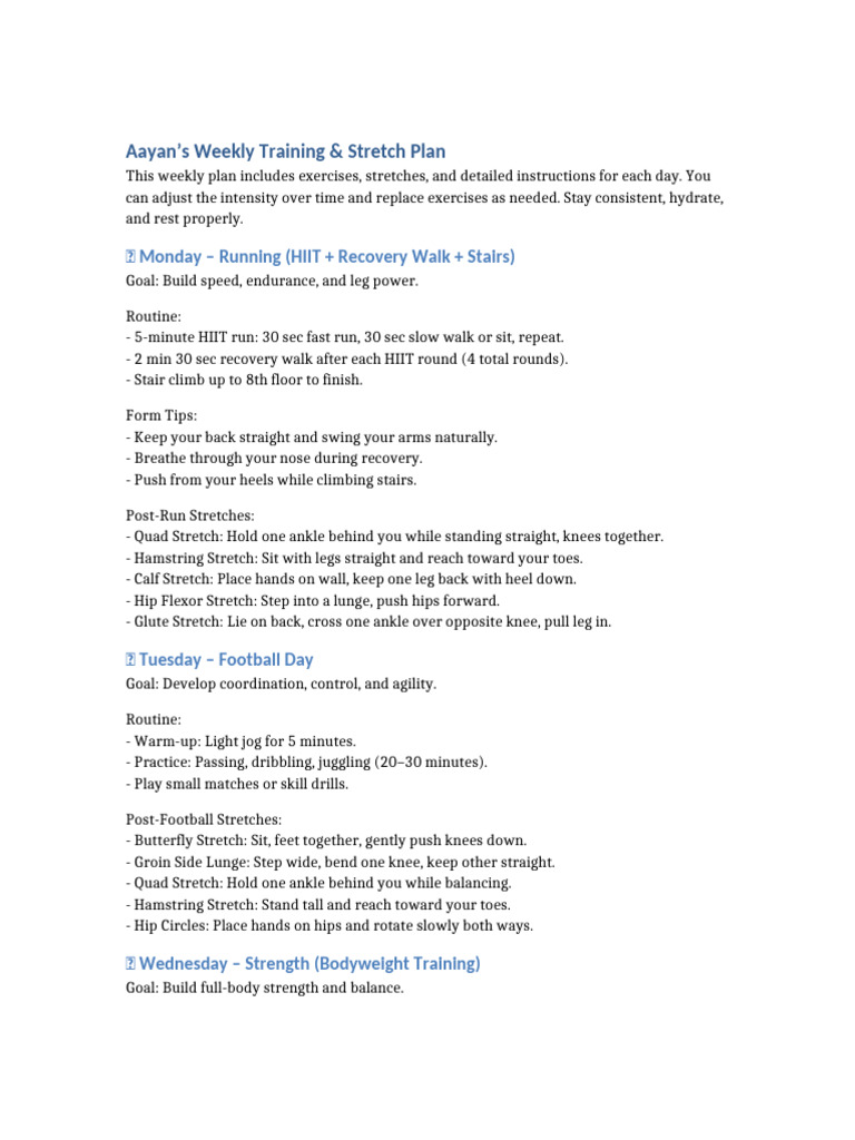 Aayan's Weekly Training & Stretch Plan | PDF | Musculoskeletal System ...