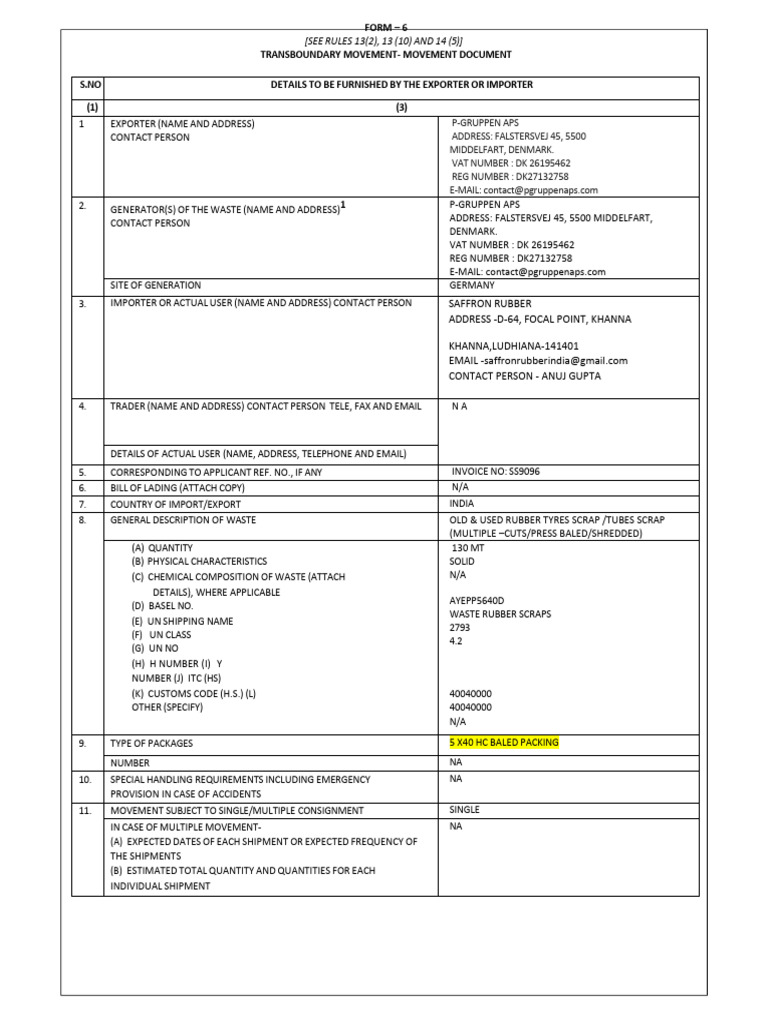 Draft Form 6 Hazardous Certificate Saffron Rubber | PDF | Recycling | Waste