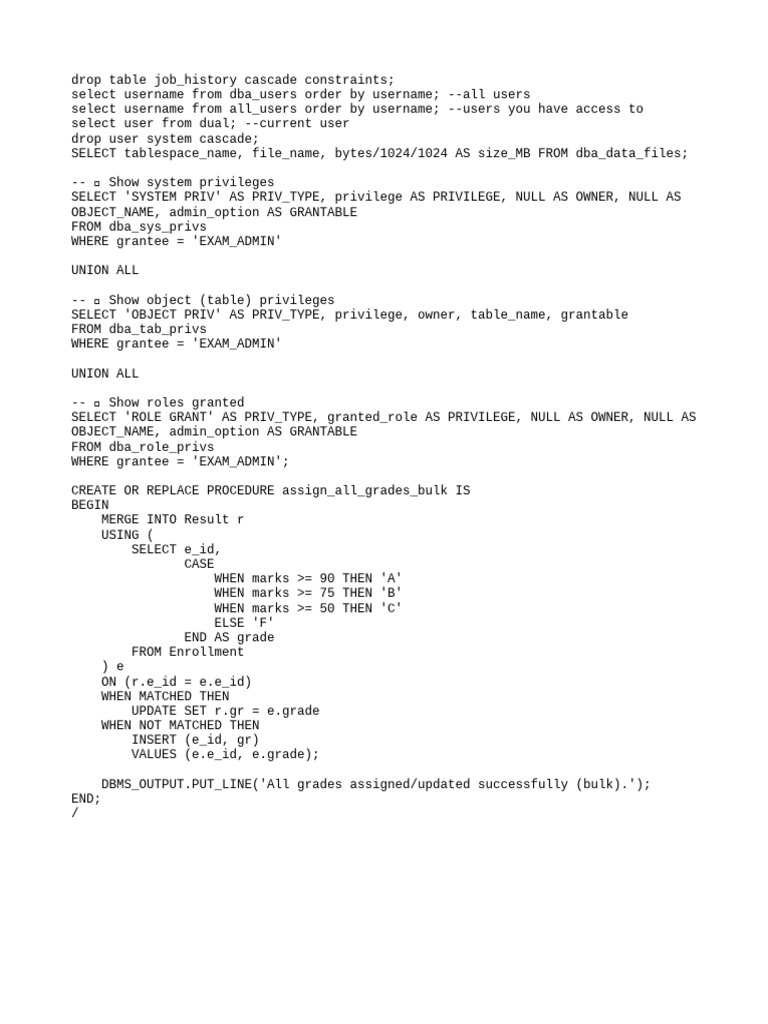 SQL Commands for User Management and Grading | PDF