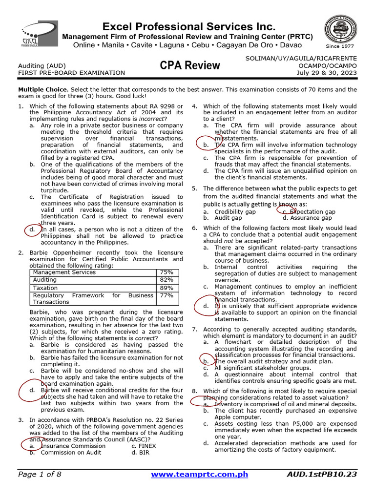 First Pre-Board Exam for Auditing 2023 | PDF | Audit | Internal Control