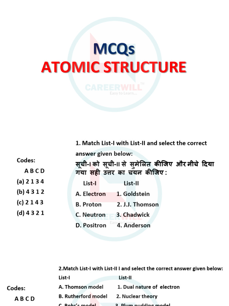 Atomic Structure Chapter-1 727251 Crwill | PDF