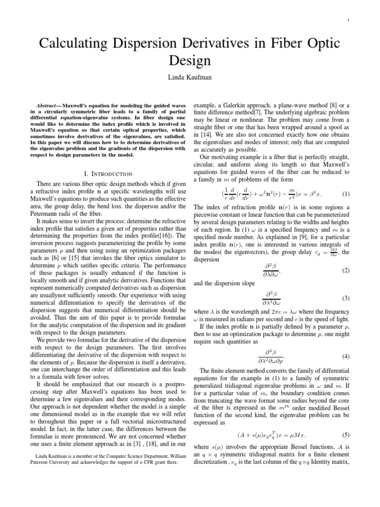 Calculating Dispersion Derivatives in Fiber Optic Design: Linda Kaufman ...