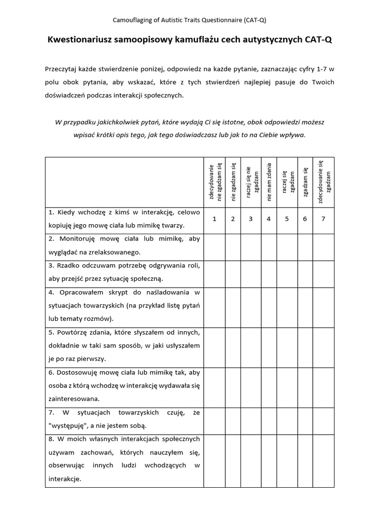 CAT Q Kwestionariusz Samoopisowy Kamuflazu Cech Autystycznych | PDF