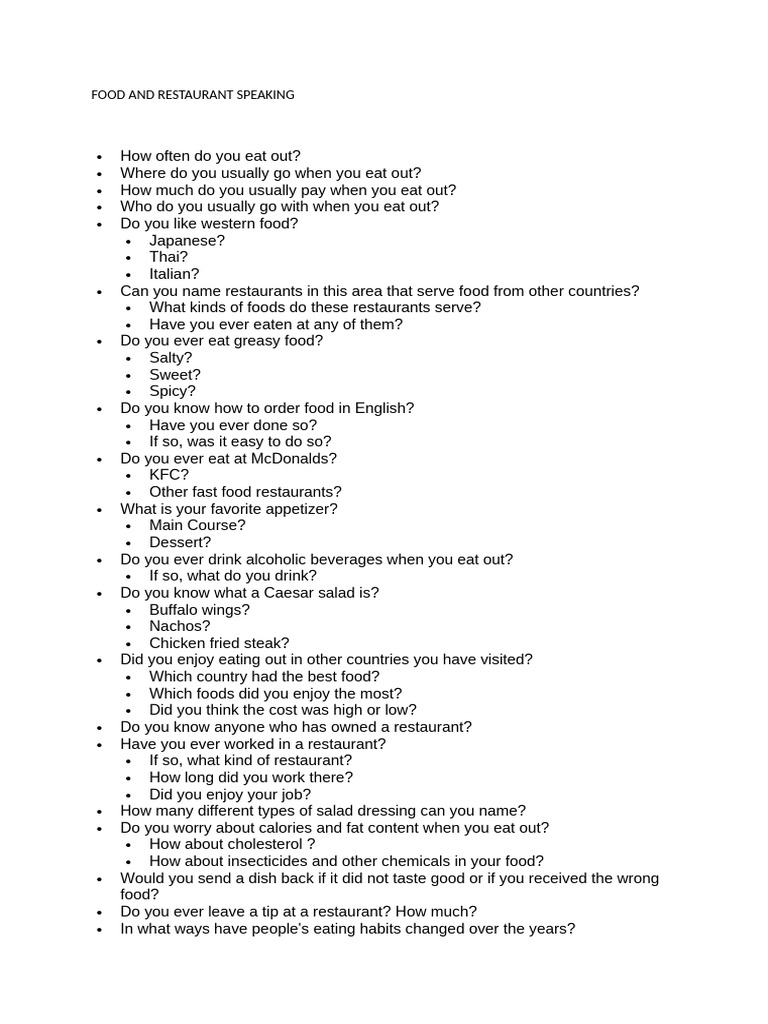 Food and Restaurant Discussion Questions | PDF | Restaurants | Foods