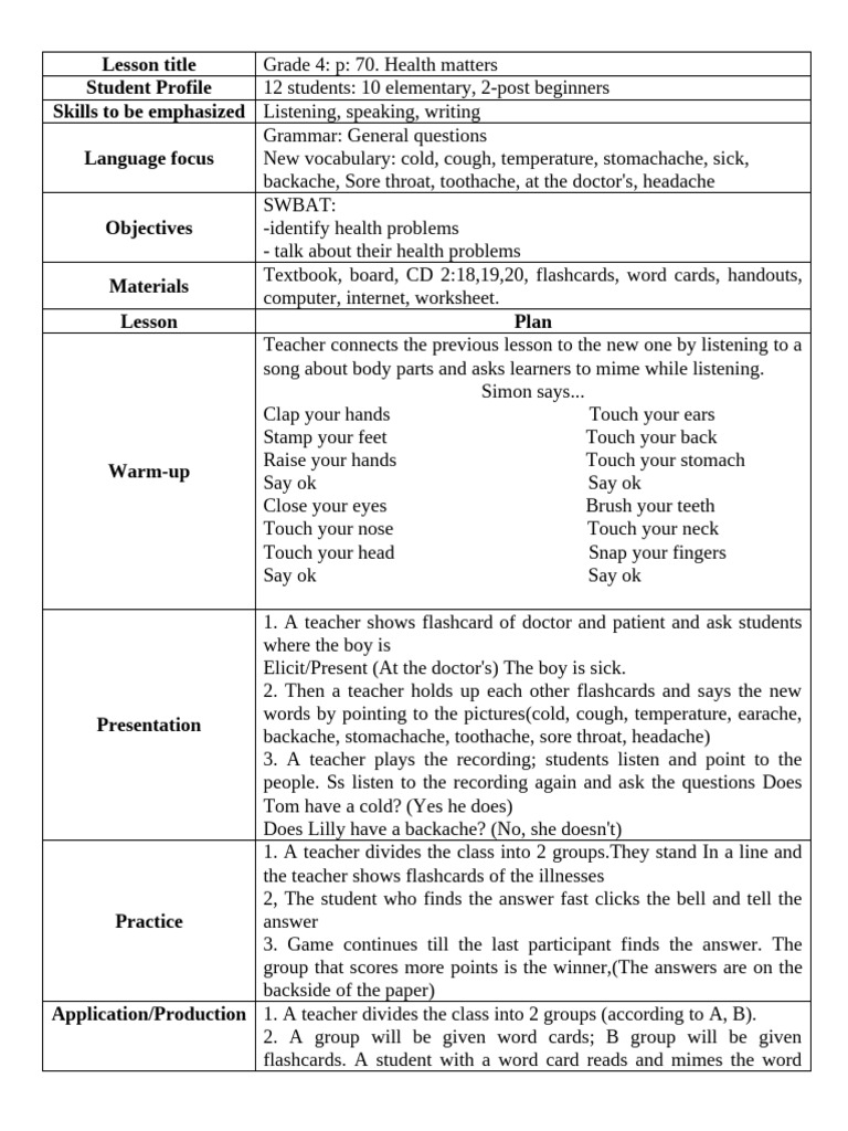 Grade 4 Health Lesson Plan | PDF | Linguistics | Human Communication