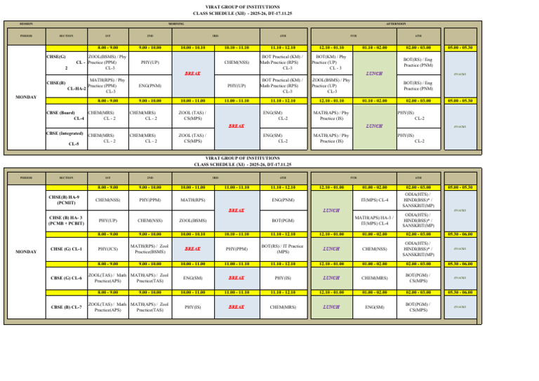 Class Schedule for XI & XII 2025-26 | PDF
