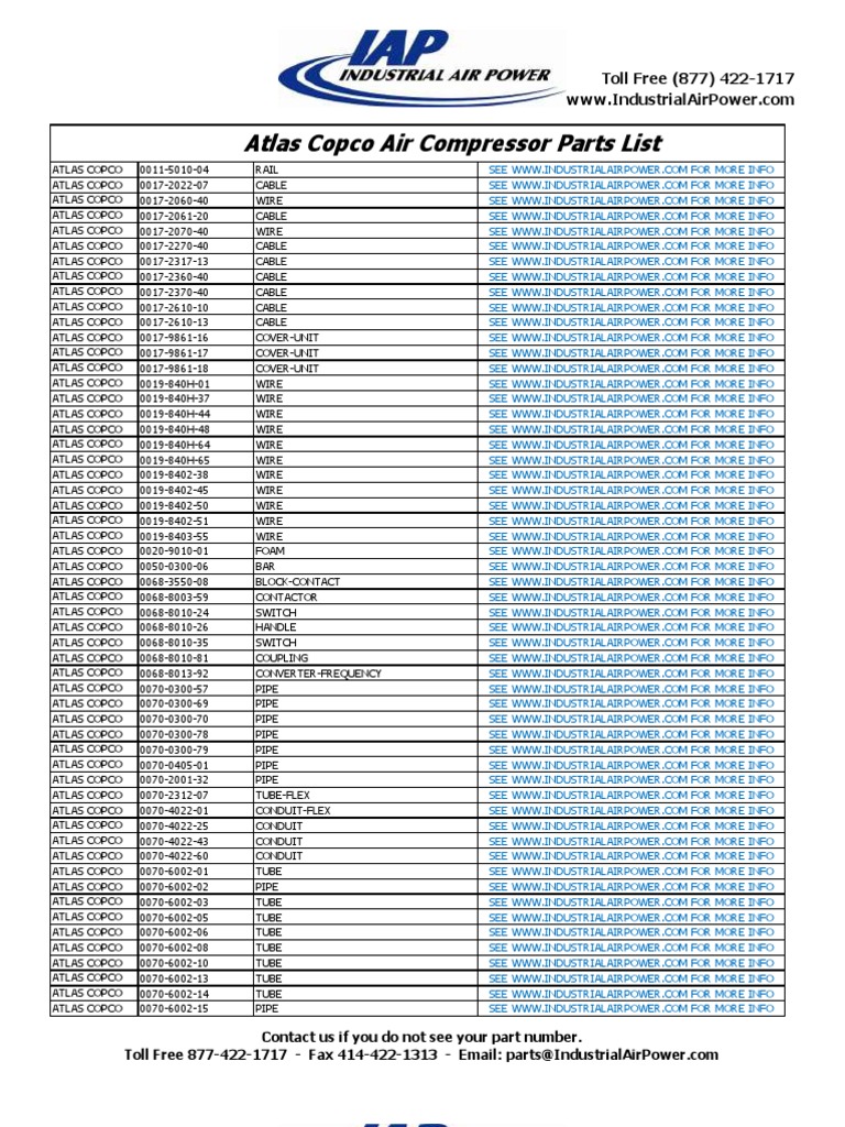 Atlas Copco Air Compressor Parts Catalog Screw Pipe (Fluid Conveyance)
