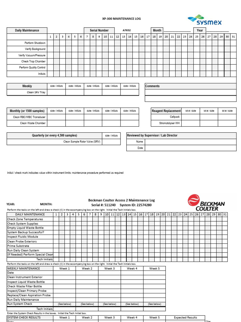XP-300 Maintenance Log Template | PDF