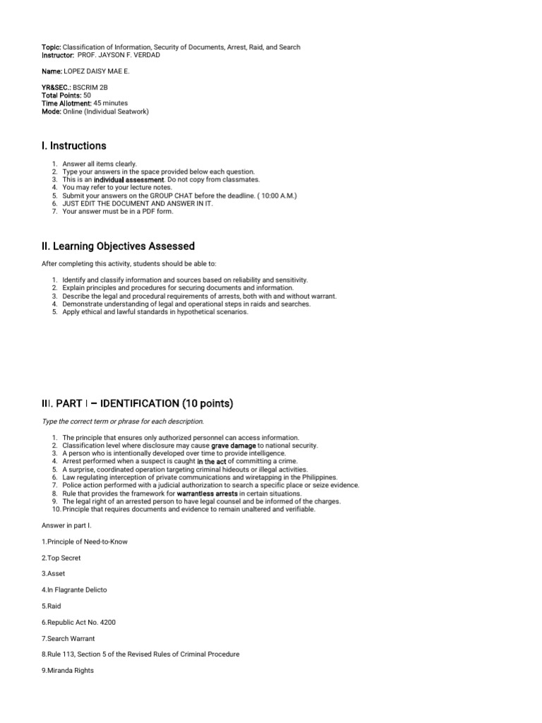 Cdi 101 Lopez Daisy Mae E. Bscrim 2b Answer | PDF | Arrest | Search Warrant