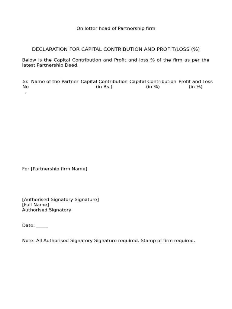 Partnership Capital Contribution Declaration | PDF