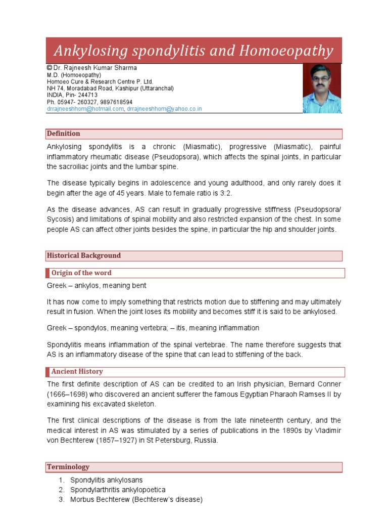 Ankylosing Spondylitis and Homoeopathy | PDF | Vertebral Column | Arthritis