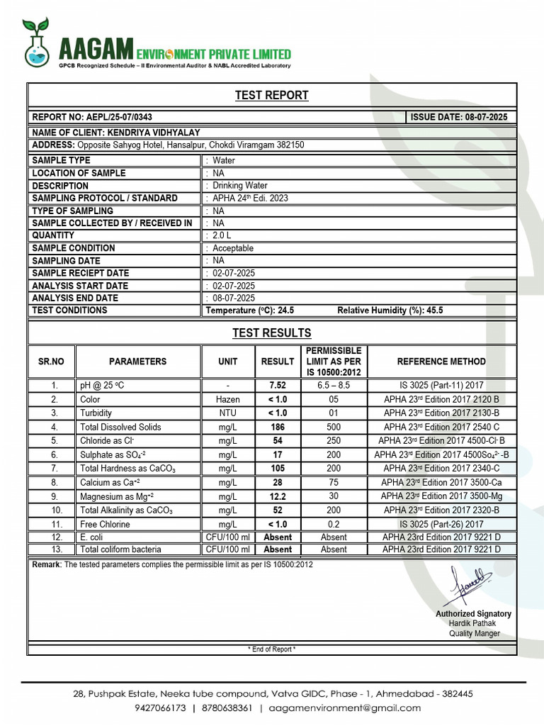 Test Report AEPL25070343 Kendriya Vidhyalay | PDF