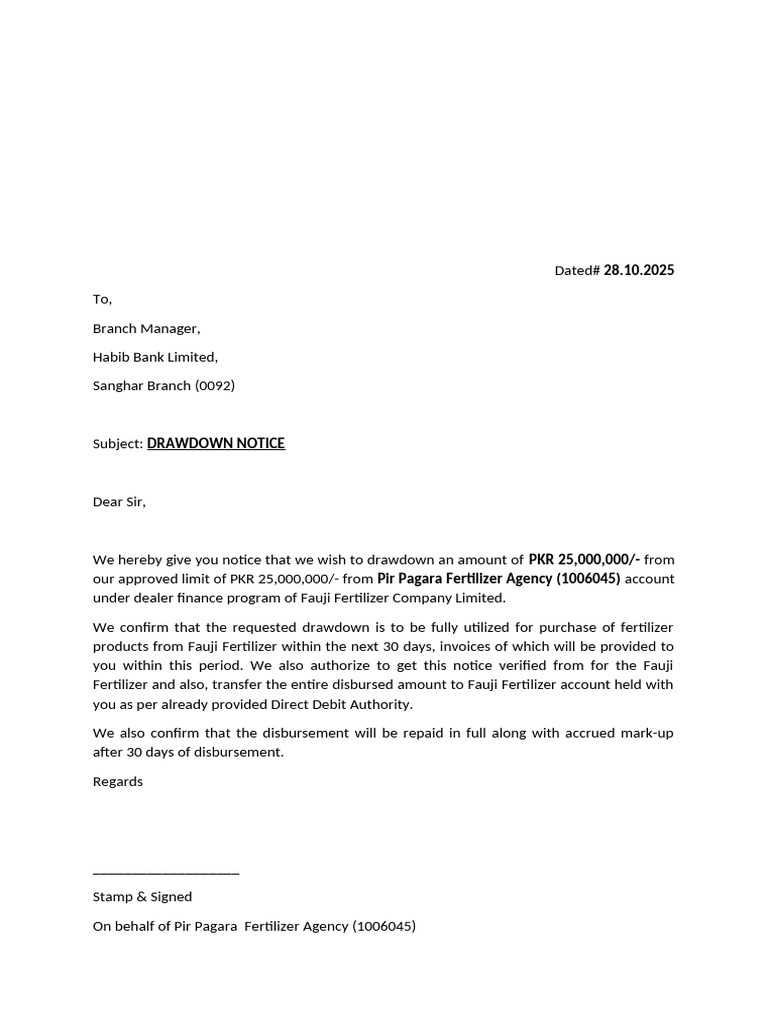 DCF Letter - Pir Pagara Fertilizer Agency - 1006045 | PDF