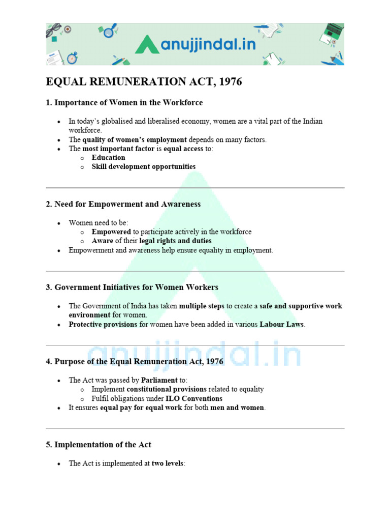 Equal Remuneration Act Overview 1976 | PDF | Employment | Equal Pay For ...