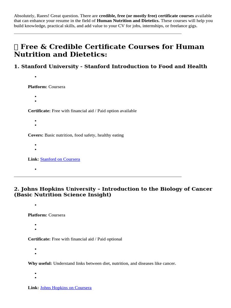 Free Nutrition Certificate Courses Online | PDF | Nutrition | Diet