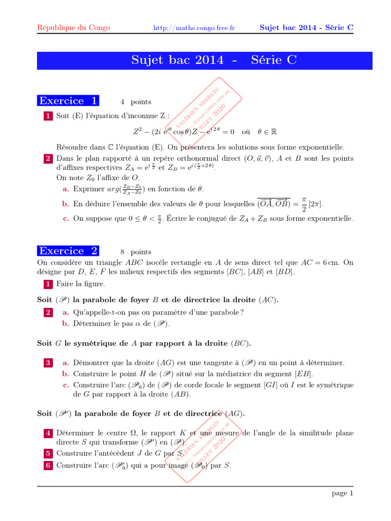 Sujet Bac 2014 - Mathématiques Série C | PDF