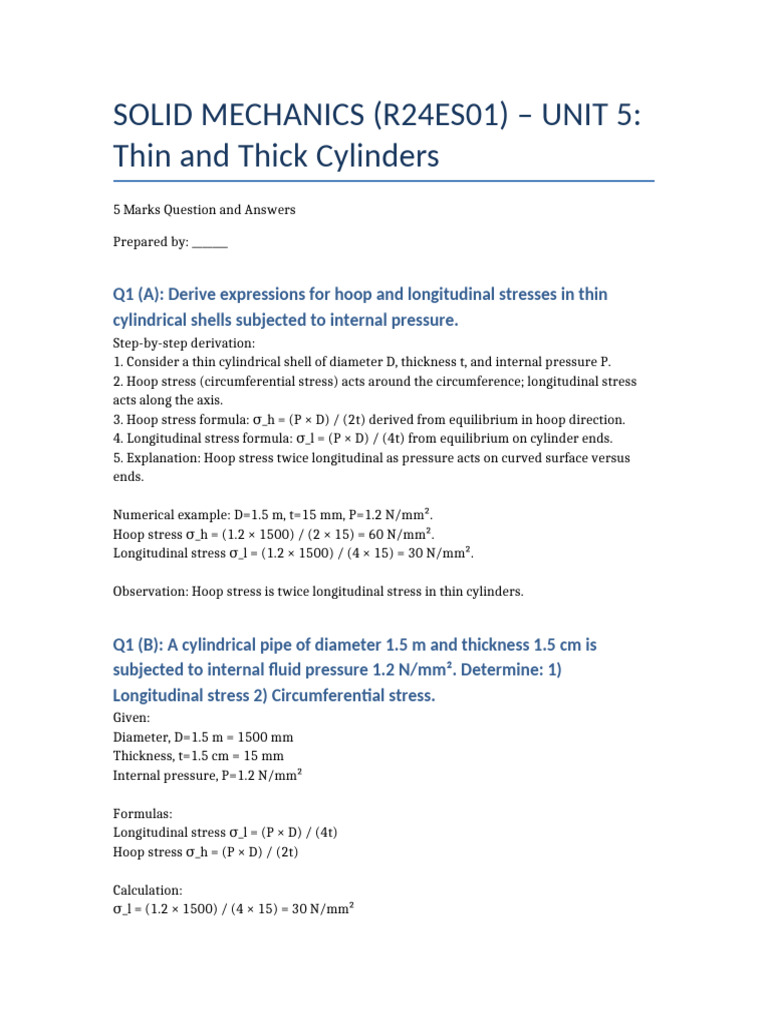 Solid Mechanics (R24Es01) - Unit 5: Thin and Thick Cylinders | PDF