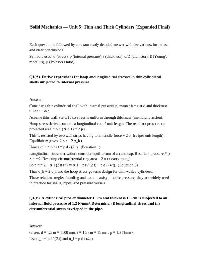 Thin and Thick Cylinder Mechanics Guide | PDF | Stress (Mechanics ...