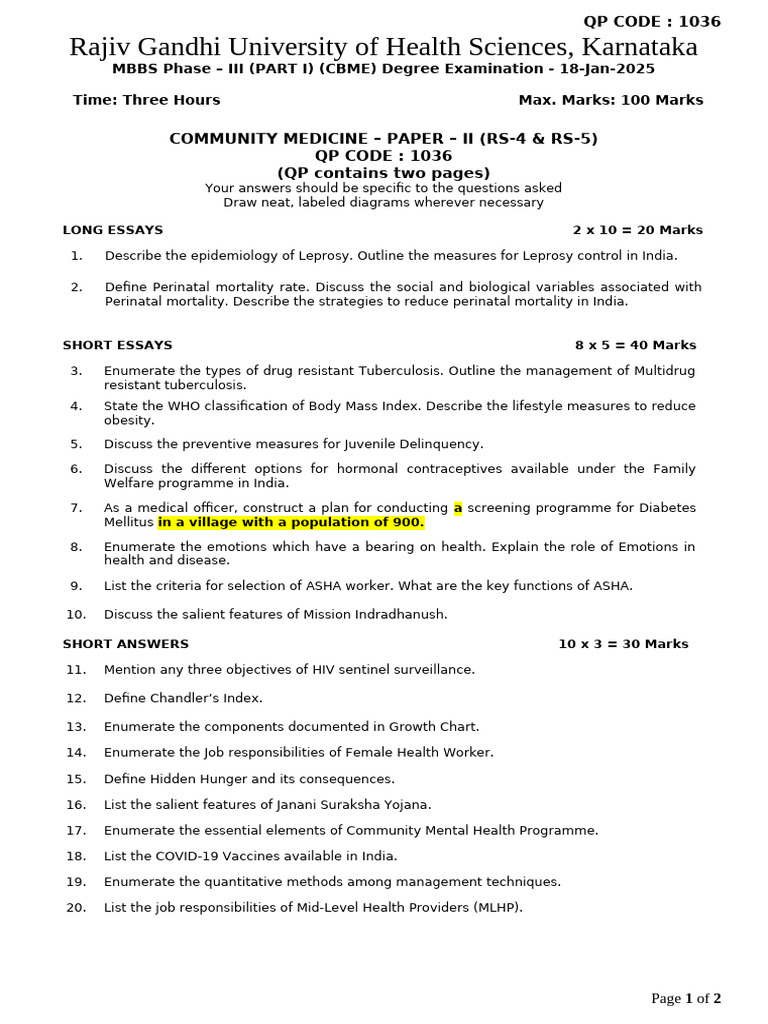 Community Medicine Exam Paper 2025 | PDF | Medicine | Health Care