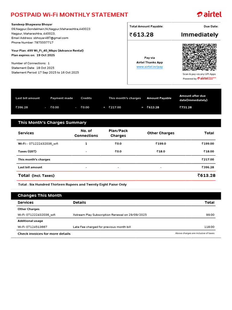 Airtel Postpaid Wi-Fi Statement October 2025 | PDF | Fee | Taxes