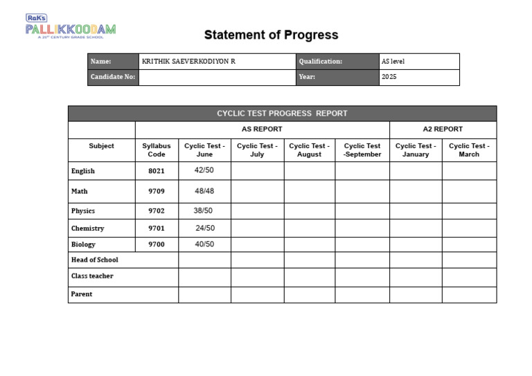 AS Level Cyclic Test Progress Report | PDF