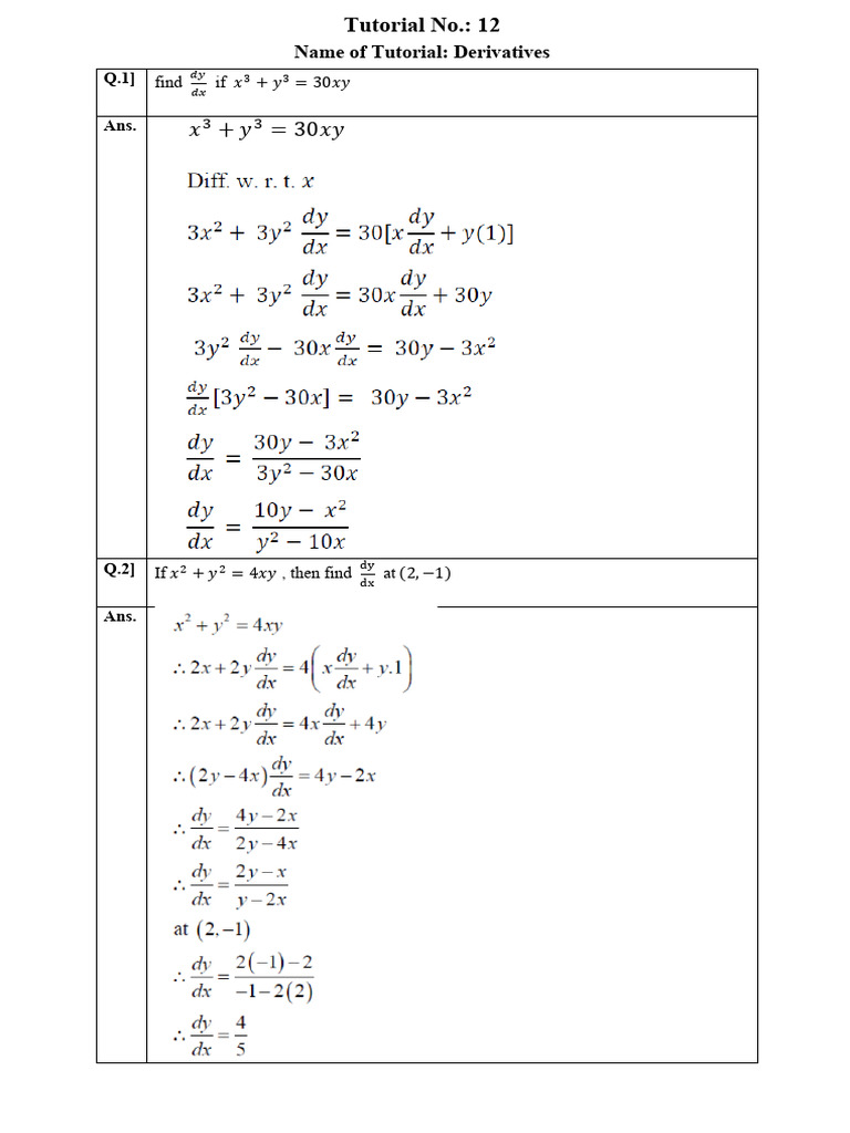 Derivatives and Applications Tutorial | PDF | Tangent | Slope